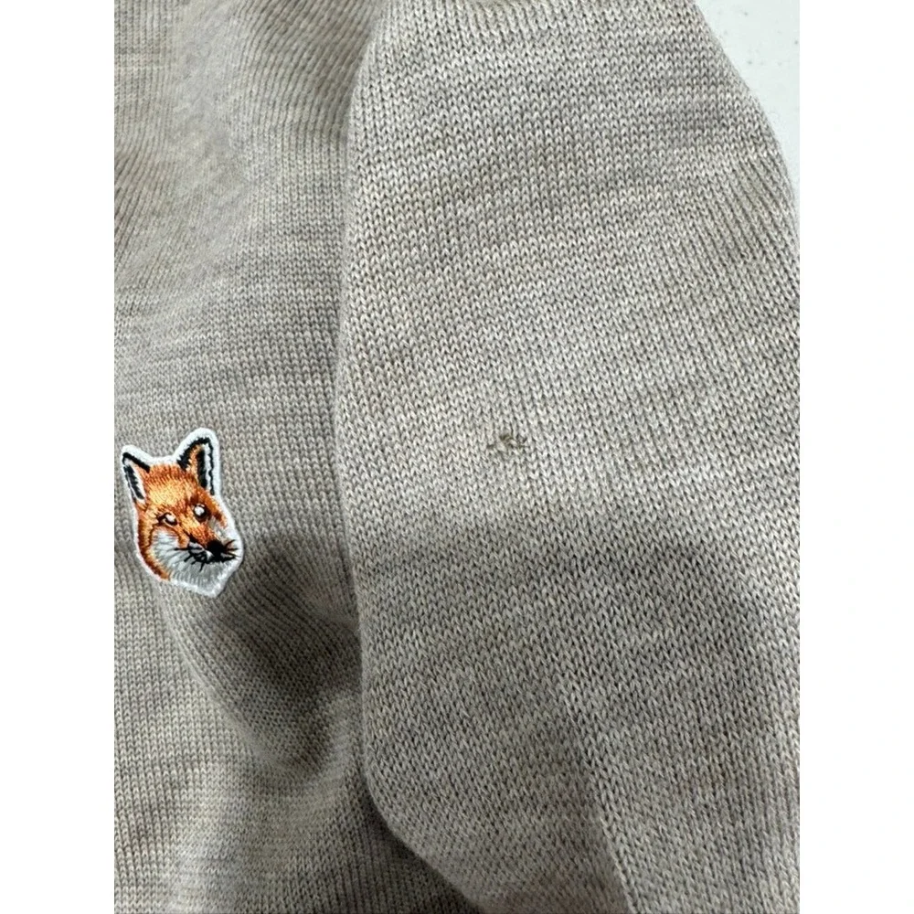 Maison Kitsune Fox Head Patch Wool Crewneck Sweater Taupe Beige Mens L